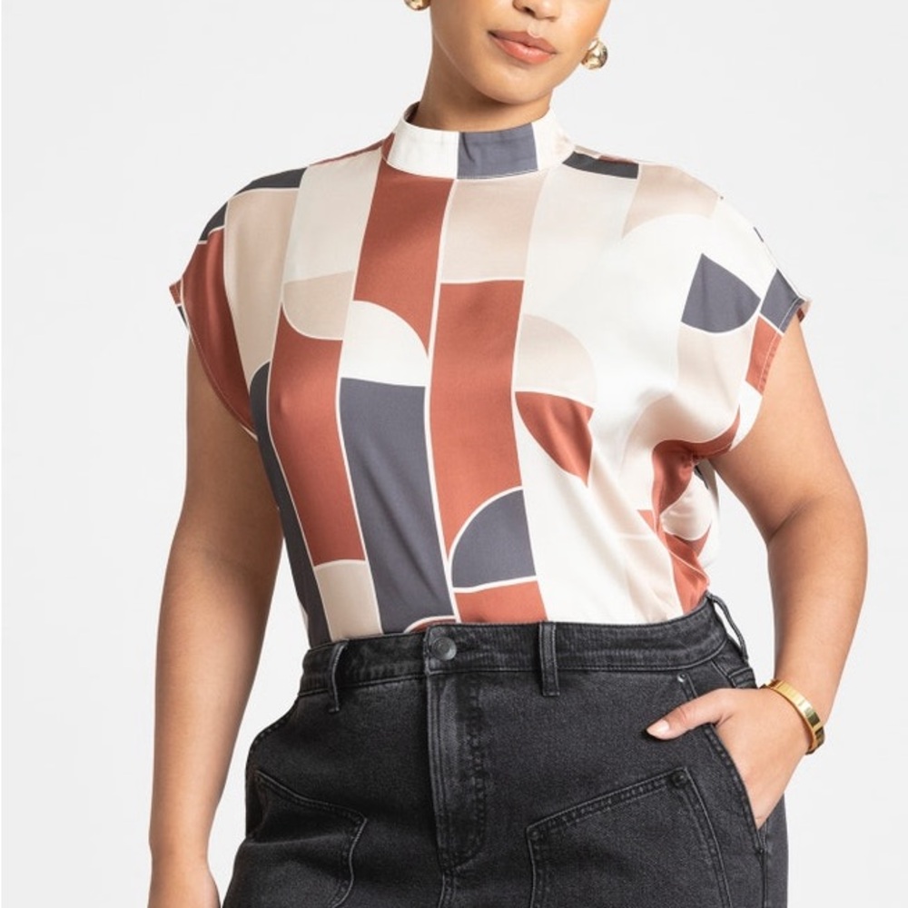 Eloquii Rust and Cream Geometric Blouse